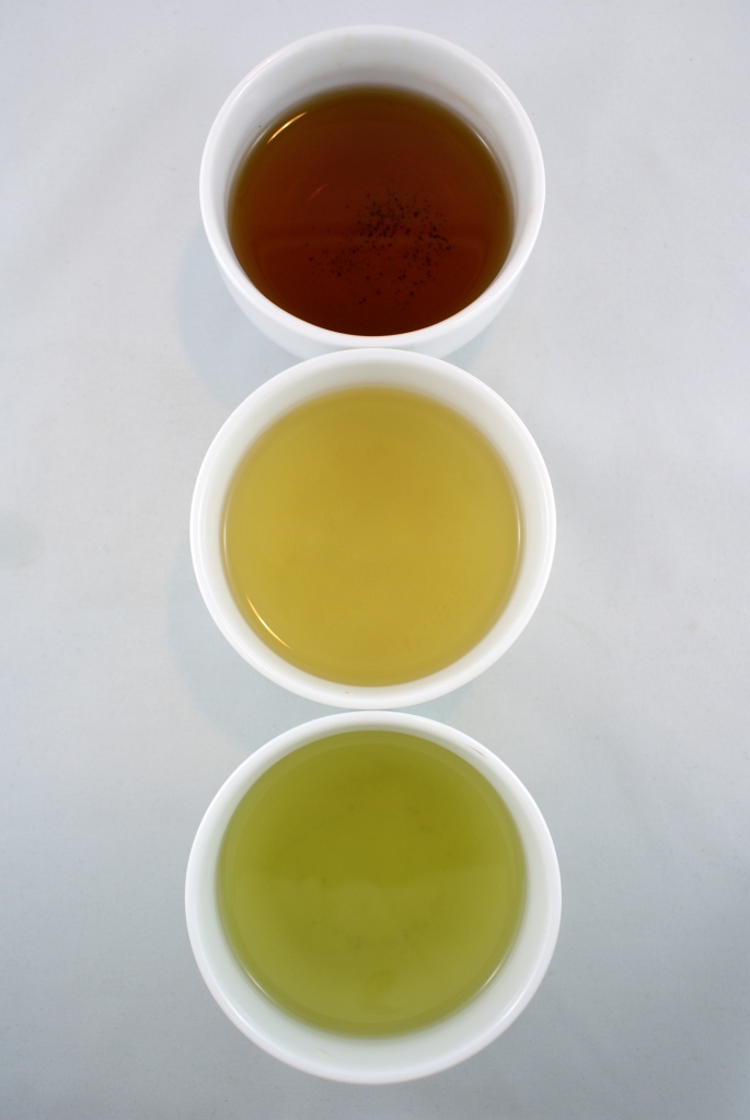 "The Japanese Stoplight" - Hojicha (焙じ茶); Sencha (煎茶); and matcha-dusted Genmicha (抹茶)